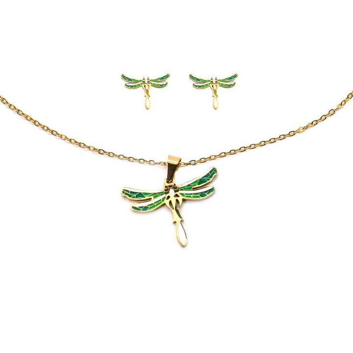 COREBEAUTY Green Dragonfly Gold Necklace Set With Earrings
